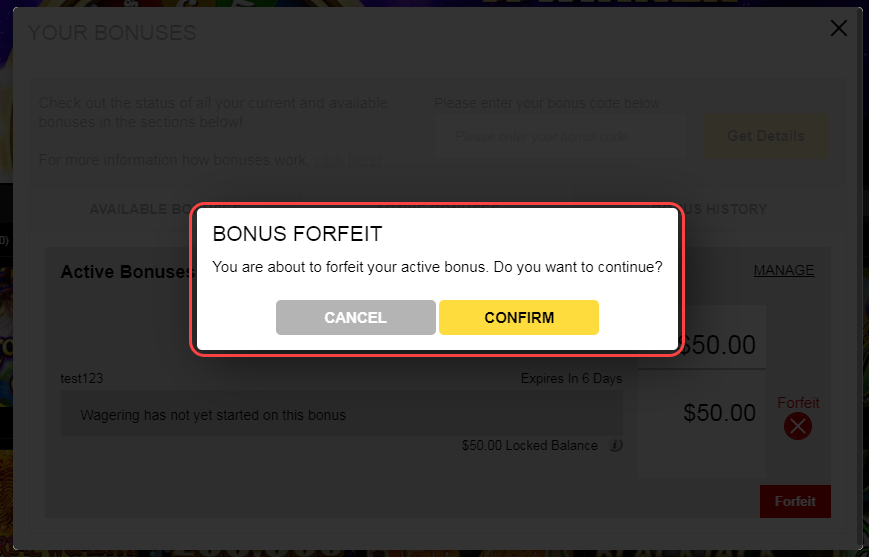 Bonus Forfeit Confirmation
